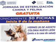 ESTE VIERNES CONTINÚAN LAS JORNADAS DE ESTERILIZACIÓN CANINA Y FELINA EN CUAUTLANCINGO